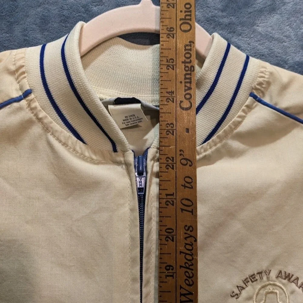 Vintage Swingster Indiana Bell Safety Award Bomber Jacket Cream Blue Unisex L